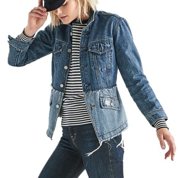 LUCKY BRAND Remade Distressed Denim Waisted Trucker Jacket Raw Frayed Hem XS - Picture 1 of 15